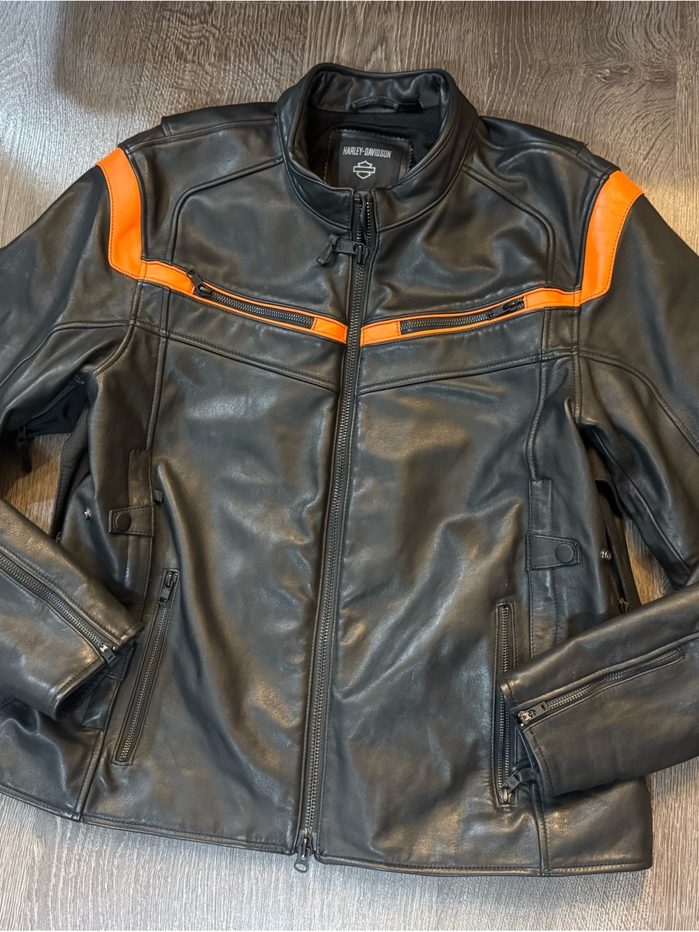Harley-Davidson Black Leather Bomber Jacket with Orange Stripe